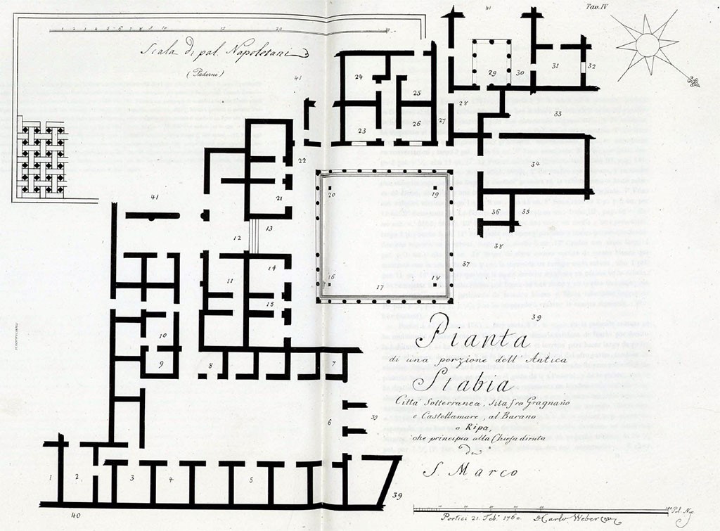 Stabiae, Villa Arianna, 1760 plan by Karl Weber. Stabiae, Villa Arianna, 1760 plan by Karl Weber.
See Ruggiero M., 1881. Degli scavi di Stabia dal 1749 al 1782, Naples, (Tav. IV).